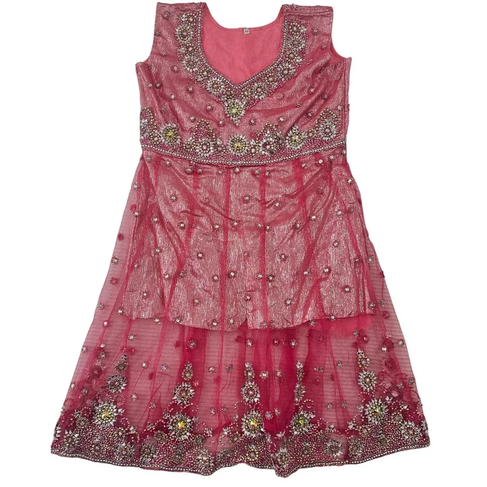 Girls Pink Embellished Indian DesiTunic Skirt Set Size 10 Beaded Sparkly Festive